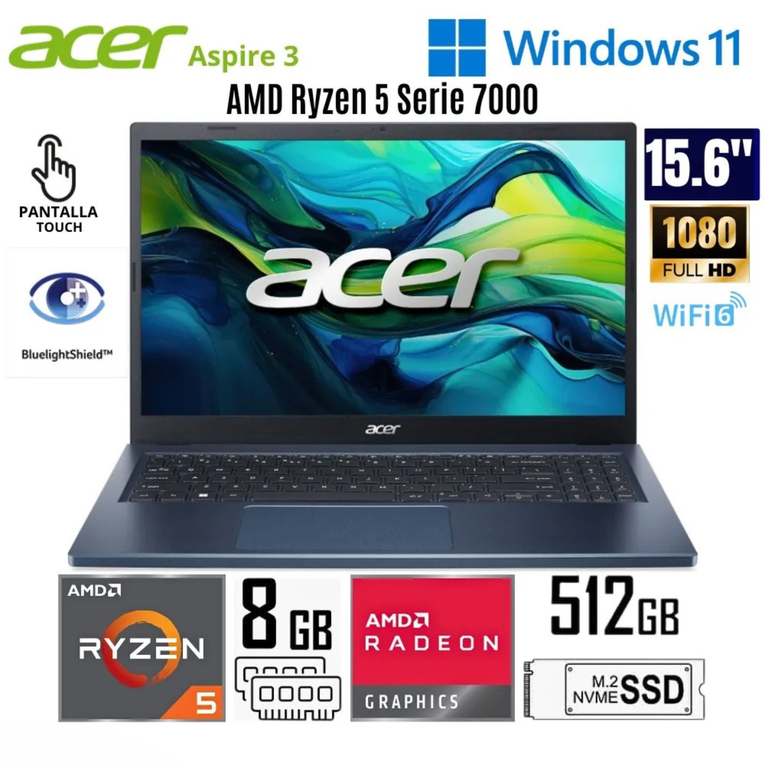 Acer Aspire 3 A315-24PT-R85K AMD RYZEN 5 7520U RAM 8GB DDR5 DISCO 512GB SSD 15.6″ FHD -TACTIL WINDOWS 11 HOME