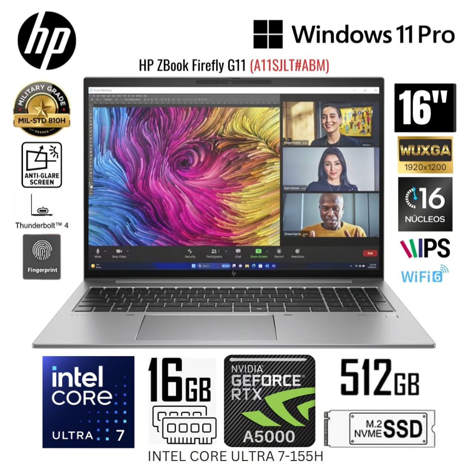 Laptop HP Zbook Firefly G11(A11SJLT#ABM) Intel Core Ultra 7-155H RAM 16GB DISCO 512GB SSD 16” WUXGA NVIDIA® GeForce RTX™ A500 8GB