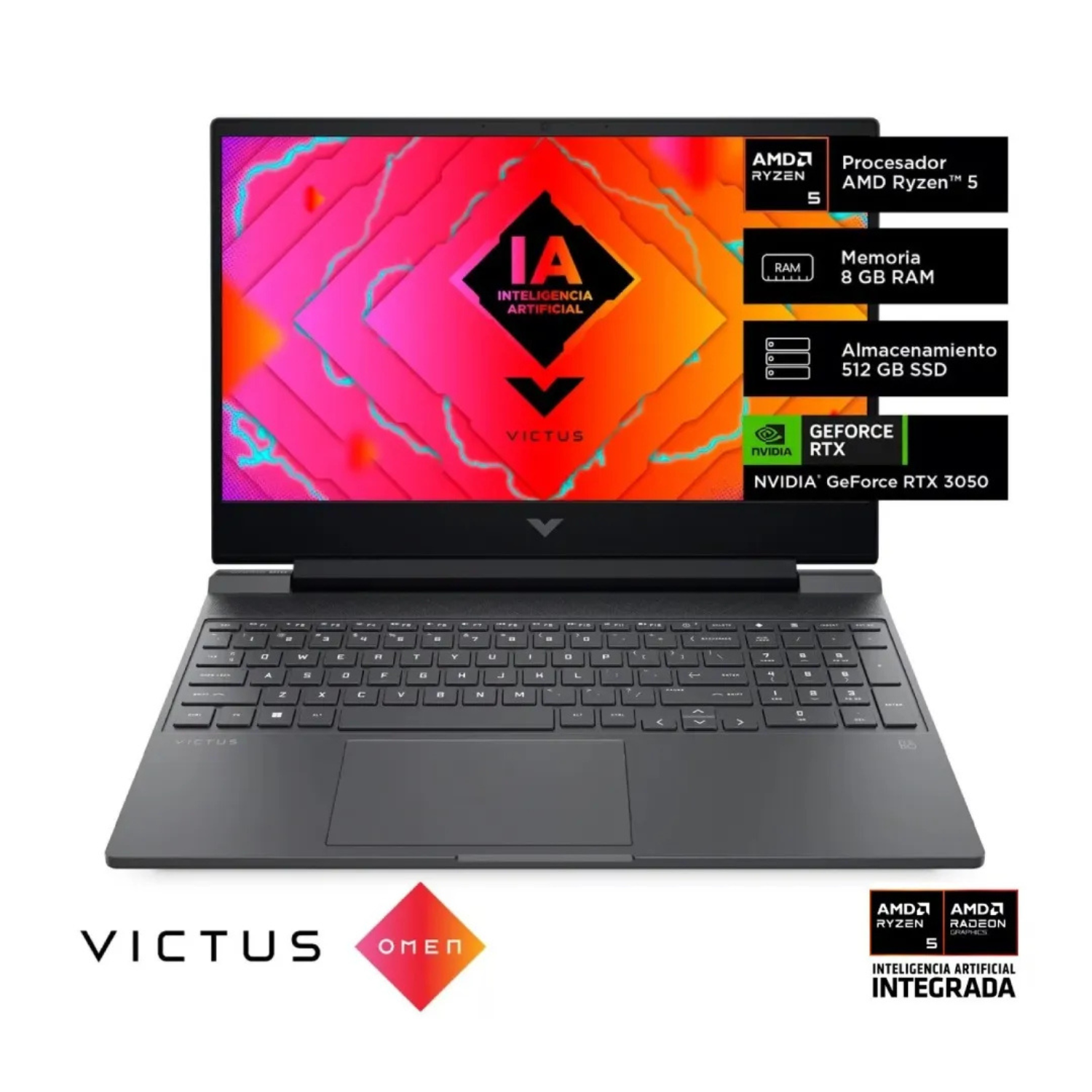 LAPTOP VICTUS GAMER HP 15-FB2002LA AMD Ryzen™ 5 8645HS 8 GB 512GB SSD NVIDIA® GeForce RTX™ 3050 6GB 15.6” FHD(1920 x 1080) 144 HZ WIN 11 4 CELL