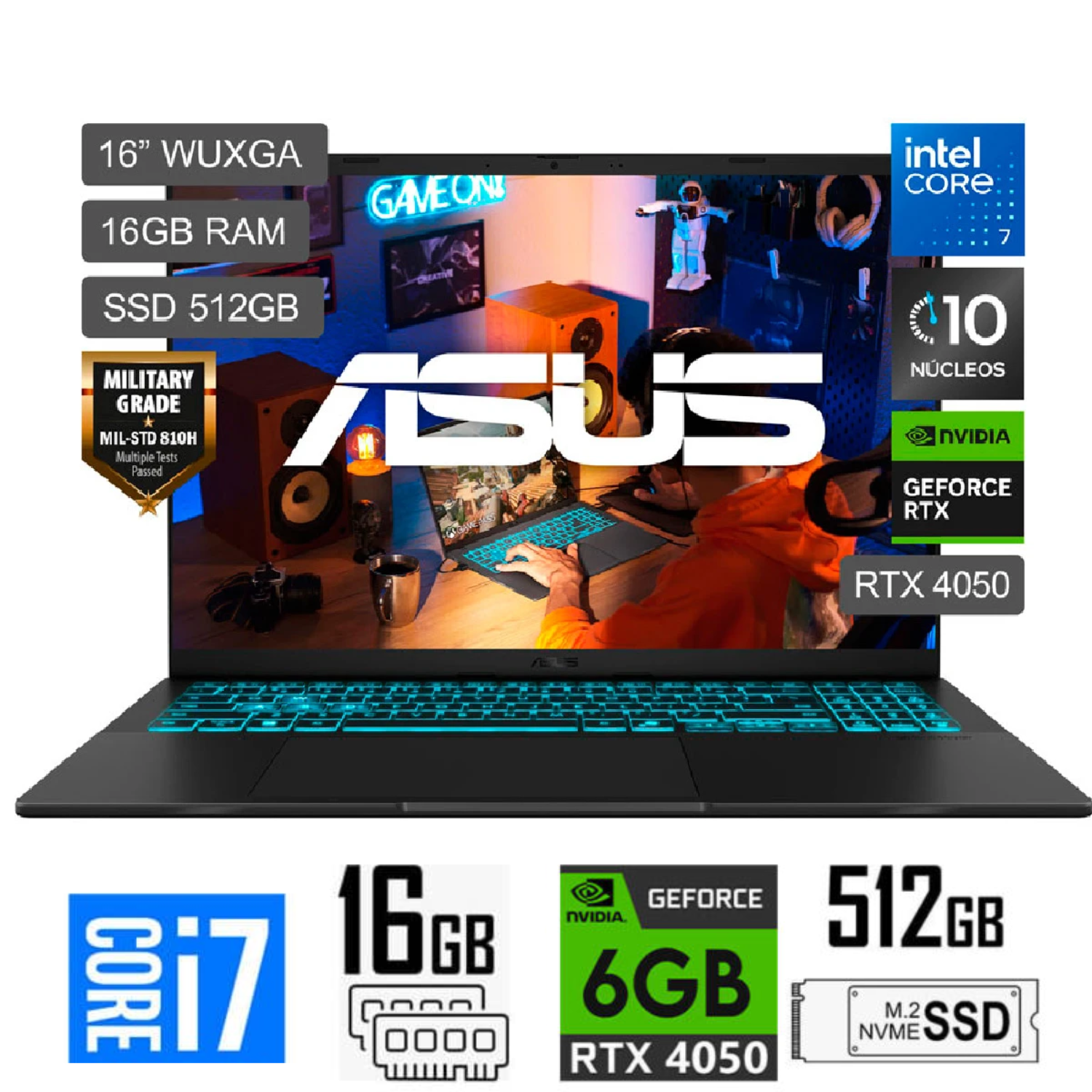 LAPTOP ASUS GAMING V16 INTEL CORE 7 240H 16GB 512GB SSD NVIDIA GEFORCE 6GB RTX 4050 16" WUXGA (1920 x 1200) 144HZ WIN 11 HOME