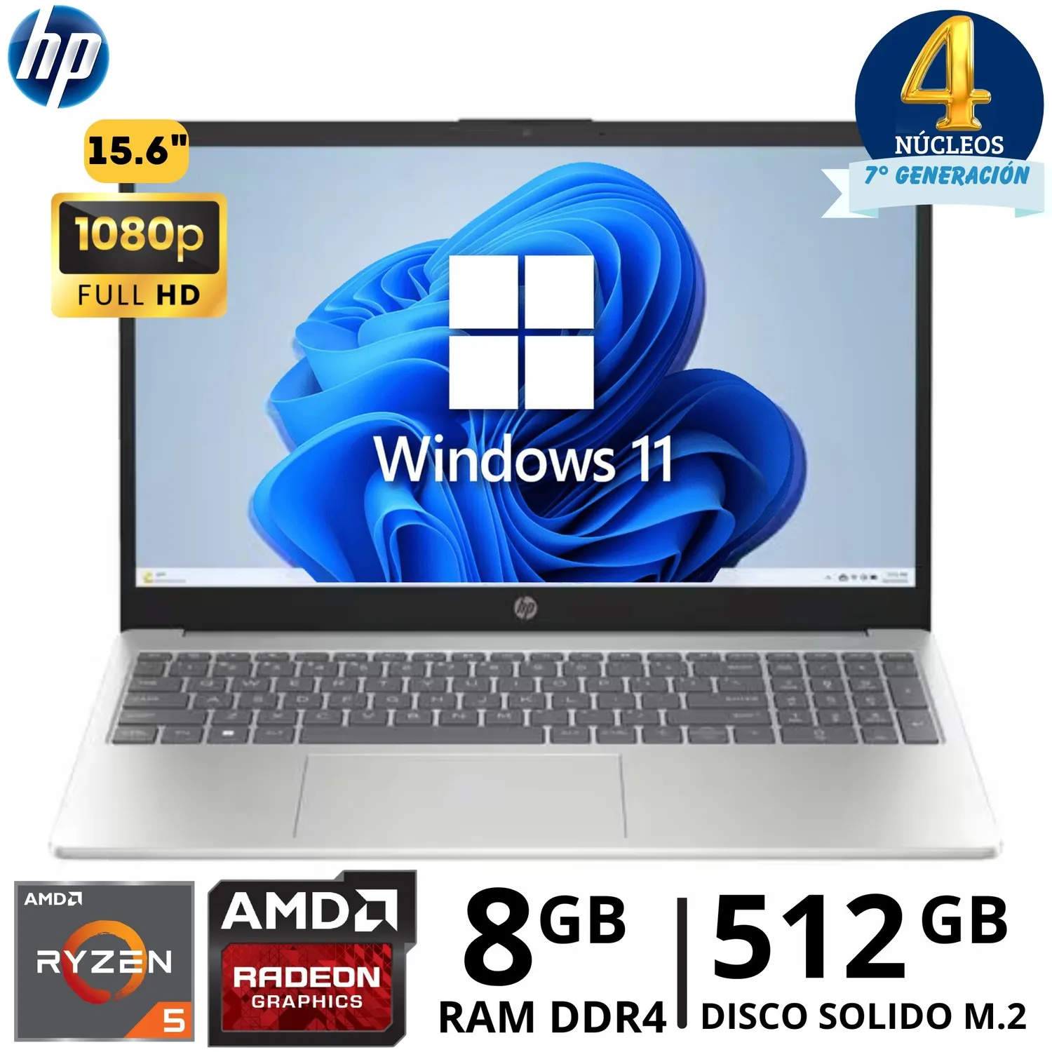 LAPTOP HP 15-FC0071LA RYZEN 5-7520U RAM 8GB DISCO SÓLIDO 512GB SSD 15.6" PLATEADO NATURAL WIN 11