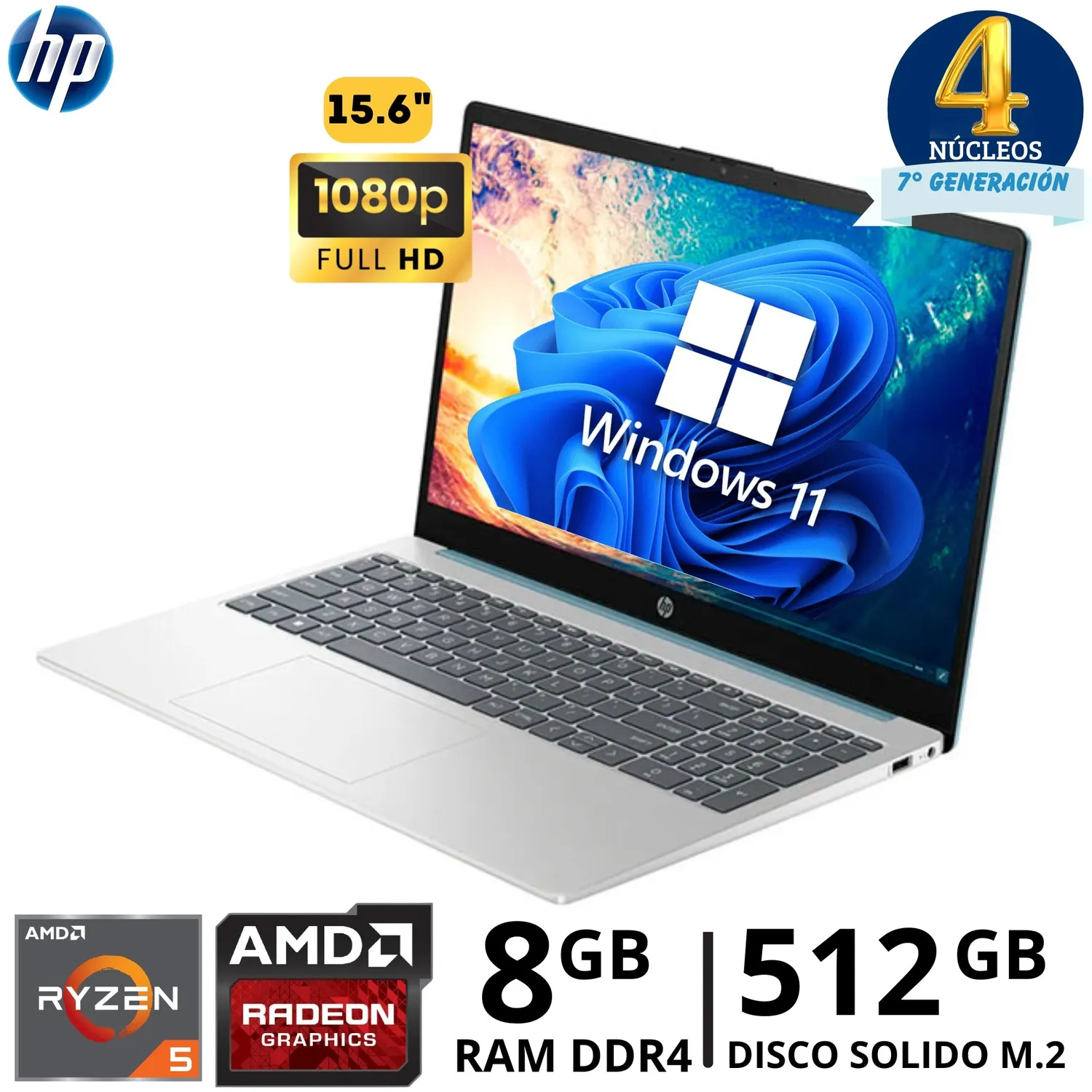 LAPTOP HP 15-FC0071LA RYZEN 5-7520U RAM 8GB DISCO SÓLIDO 512GB SSD 15.6" PLATEADO NATURAL WIN 11 - Imagen 3
