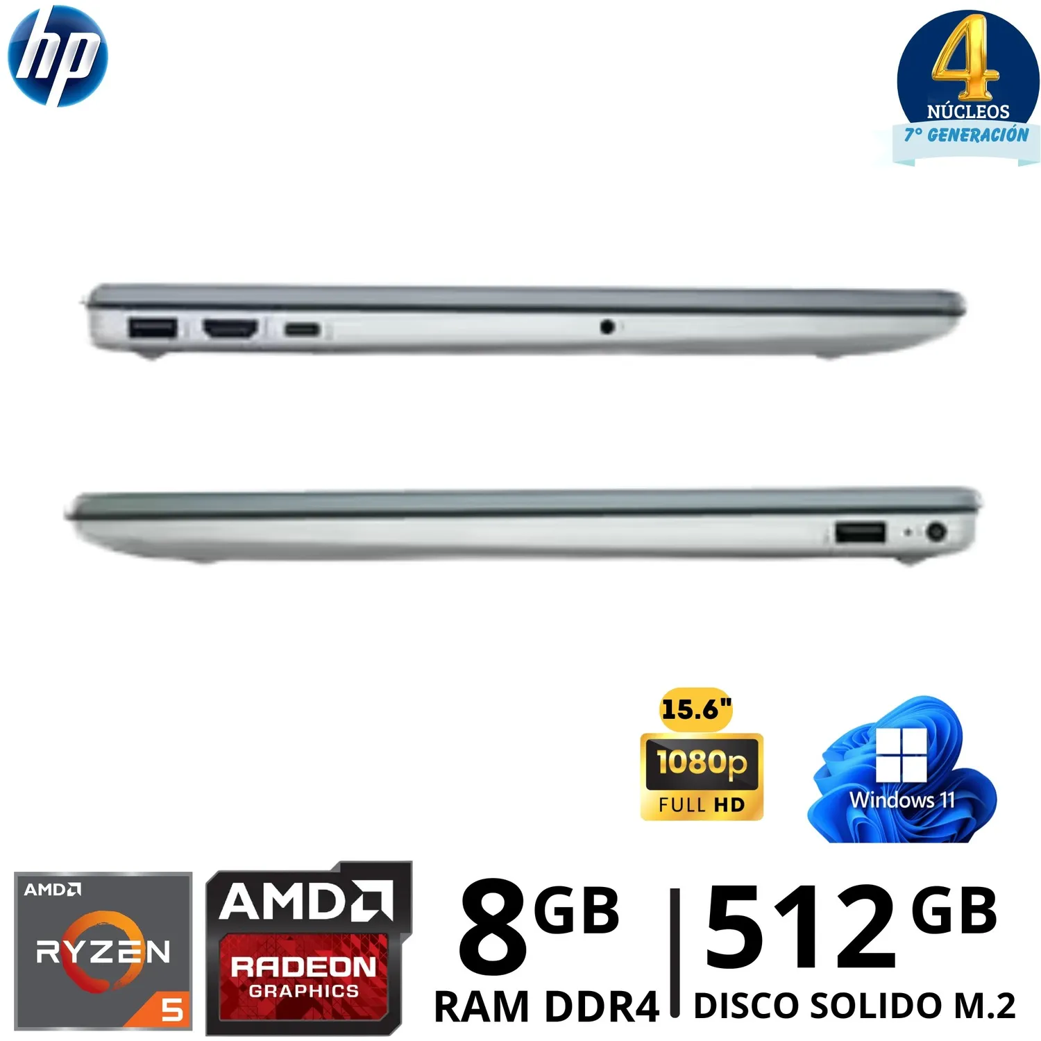 LAPTOP HP 15-FC0071LA RYZEN 5-7520U RAM 8GB DISCO SÓLIDO 512GB SSD 15.6" PLATEADO NATURAL WIN 11 - Imagen 5