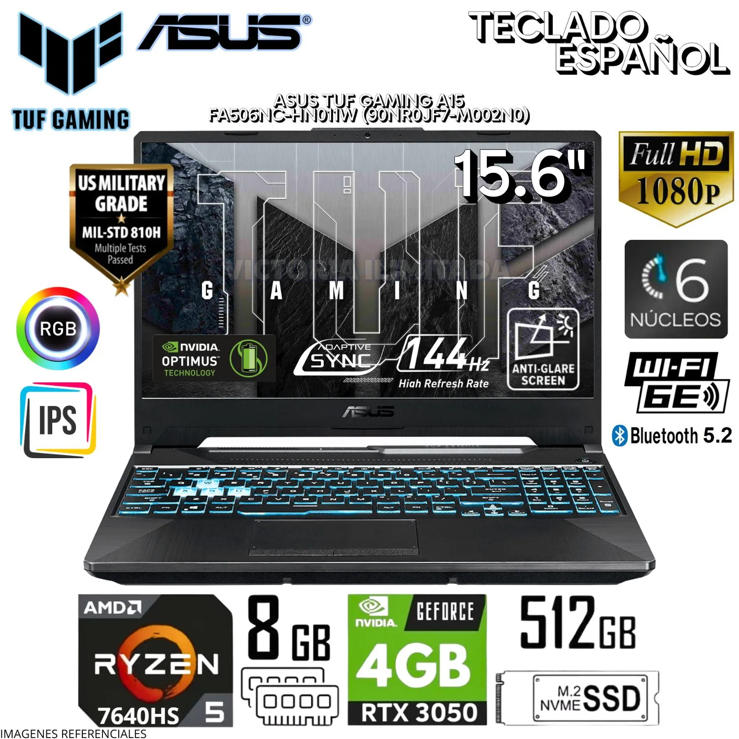 LAPTOP ASUS TUF GAMING A15 FA506NC-HN011W AMD RYZEN R5-7535HS RAM 8GB DISCO SÓLIDO 512GB SSD NVIDIA GEFORCE RTX3050-4GB 15.6" FHD-144HZ GRAPHITE WIN 11