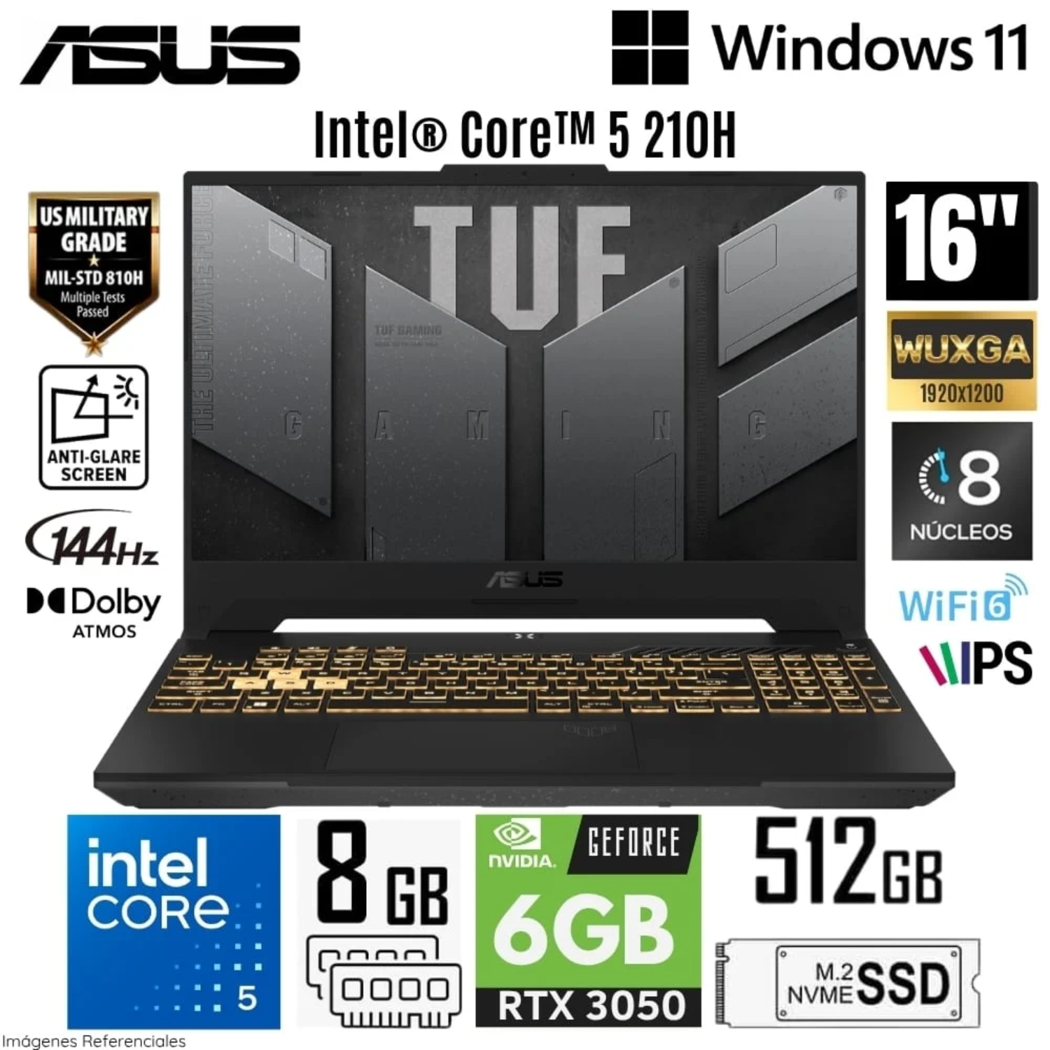 LAPTOP ASUS TUF GAMING F16 FX607VJ-RL011W INTEL CORE 5-210H RAM 8GB DISCO SÓLIDO 512GB SSD NVIDIA GEFORCE RTX3050-6GB 16" WUXGA MECHA GREY WIN 11