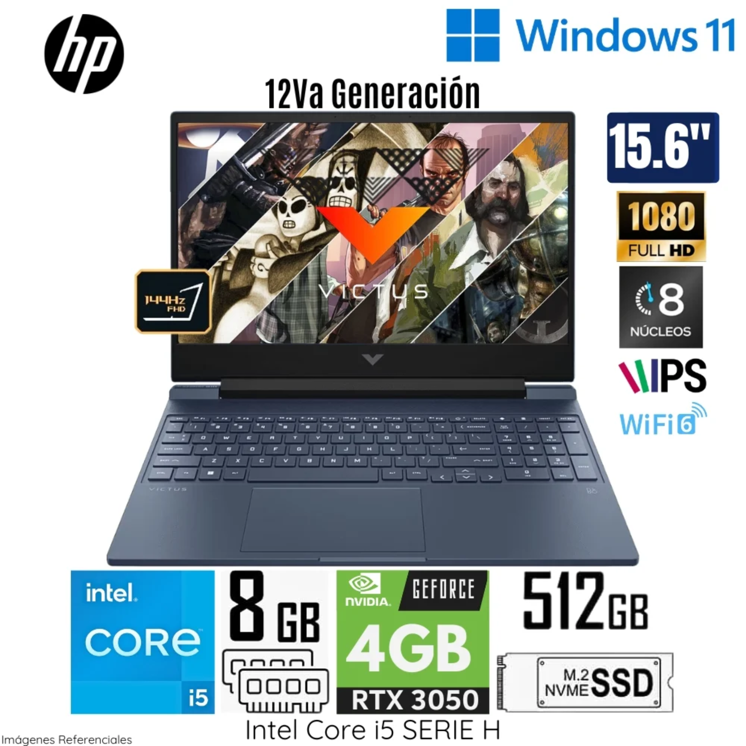 LAPTOP HP VICTUS GAMING 15-FA0021LA INTEL CORE I5-12450H RAM 8GB DISCO SÓLIDO 512GB SSD NVIDIA GEFORCE RTX3050-4GB 15.6" FHD AZUL MARINO WIN 11
