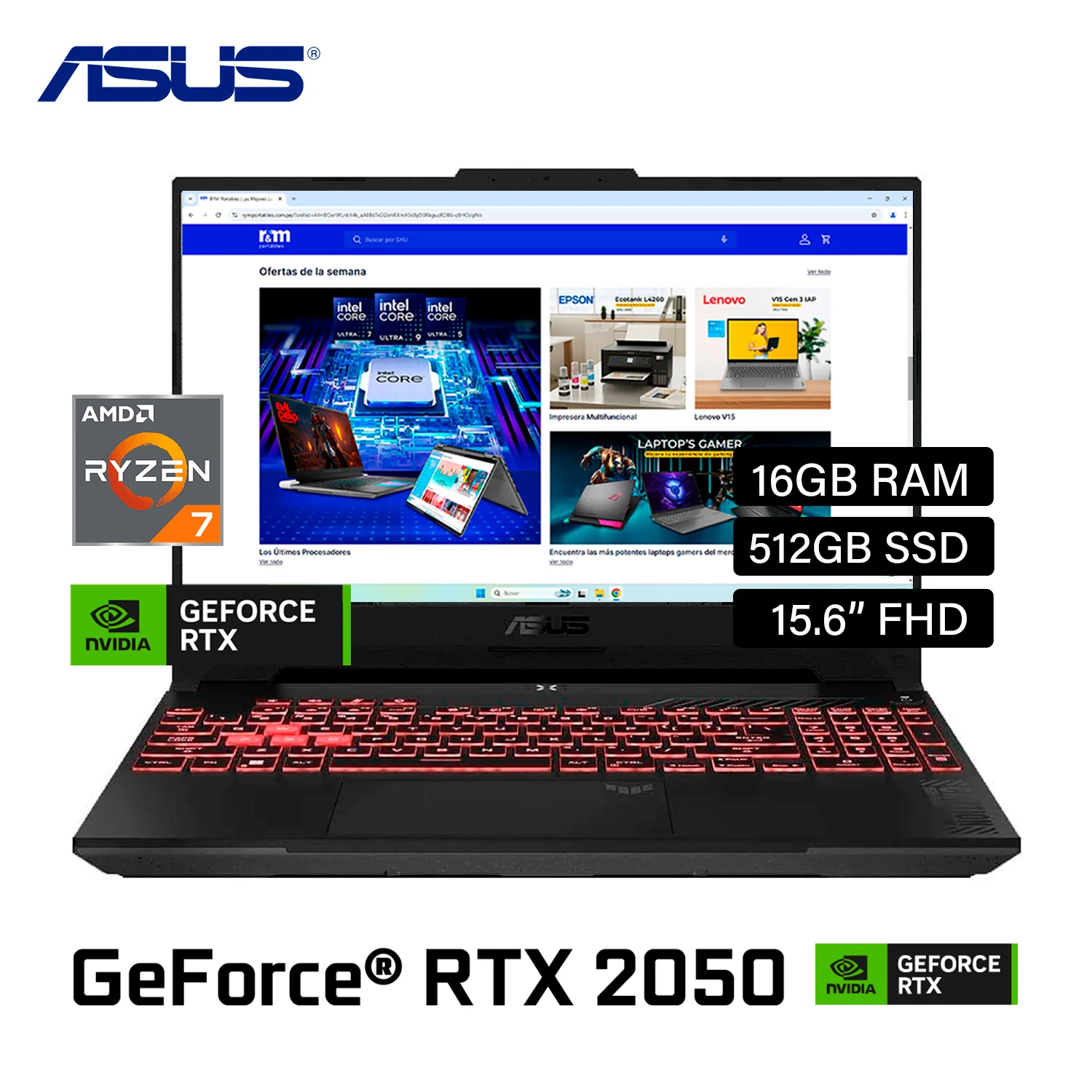 LAPTOP ASUS TUF GAMING A15 FA506NFR-HN014 AMD RYZEN 7-7435HS RAM 16GB DISCO SÓLIDO 512GB SSD NVIDIA GEFORCE RTX2050-4GB 15.6" FHD GRAPHITE BLACK FREE DOS