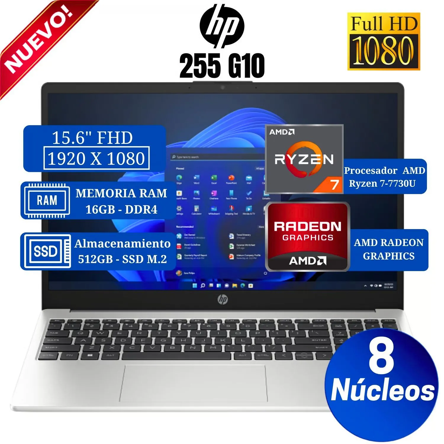 LAPTOP HP 255 G10 B03E1LT#ABM RYZEN 7-7730U RAM 16GB DISCO SÓLIDO 512GB SSD 15.6" FULL HD PLATA NATURAL FREE DOS