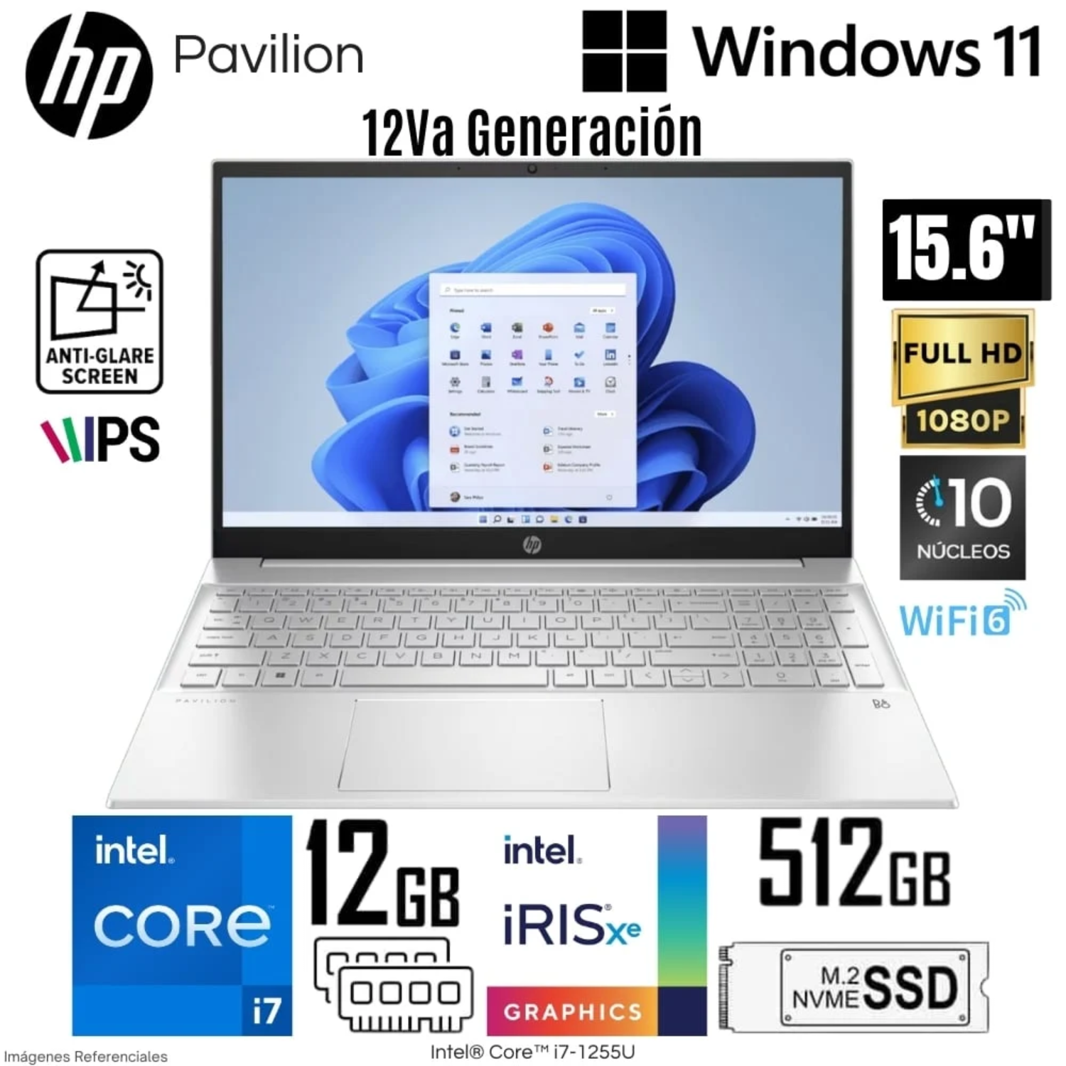 LAPTOP HP PAVILION 15-EG2506LA CORE I7-1255U RAM 12GB DISCO SÓLIDO 512GB SSD 15.6" FHD PLAT NATURAL WIN 11