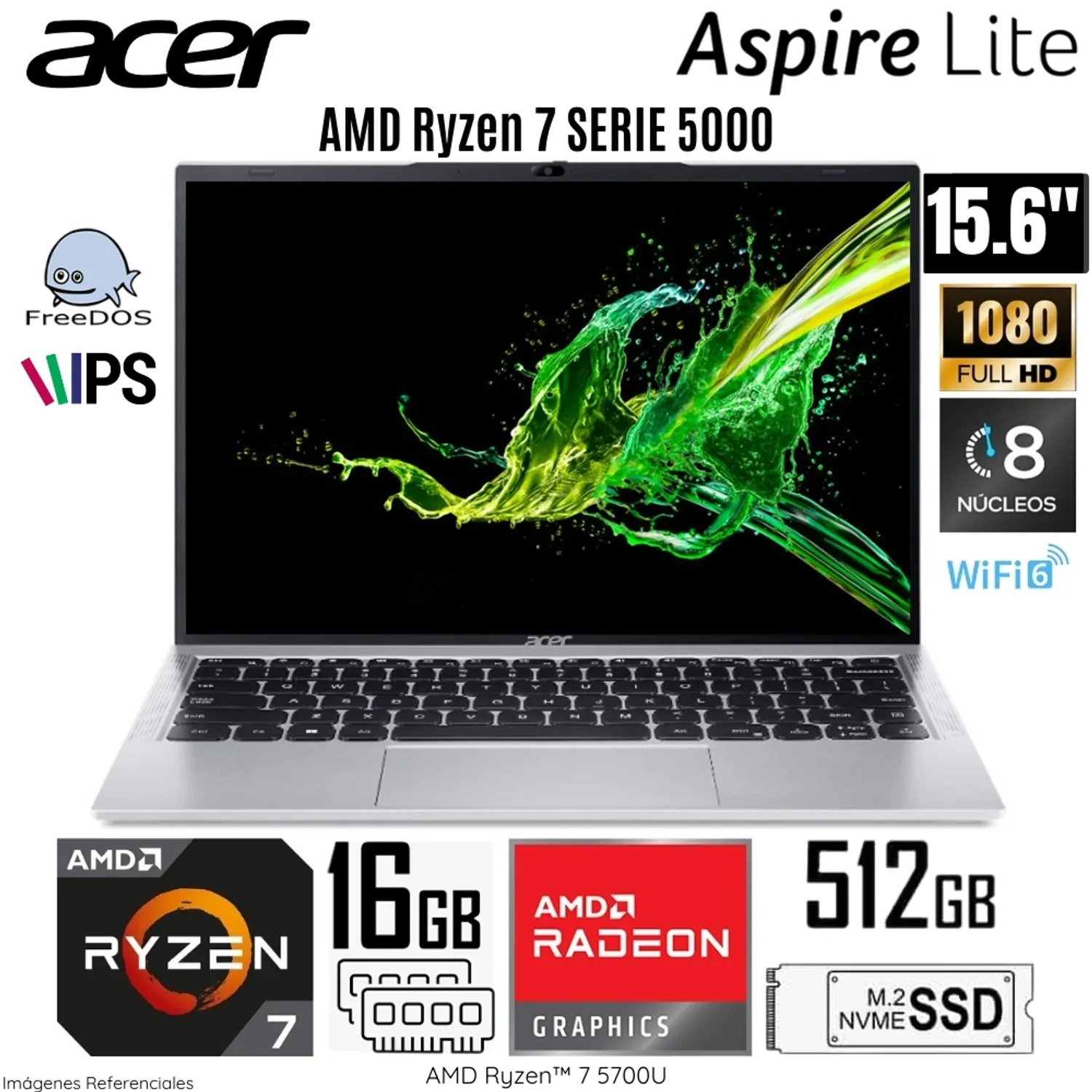LAPTOP ACER AL15-41P-R27P RYZEN 7-5700U RAM 16GB DISCO SÓLIDO 512GB SSD 15.6" FULL HD LIGTH SILVER FREE DOS