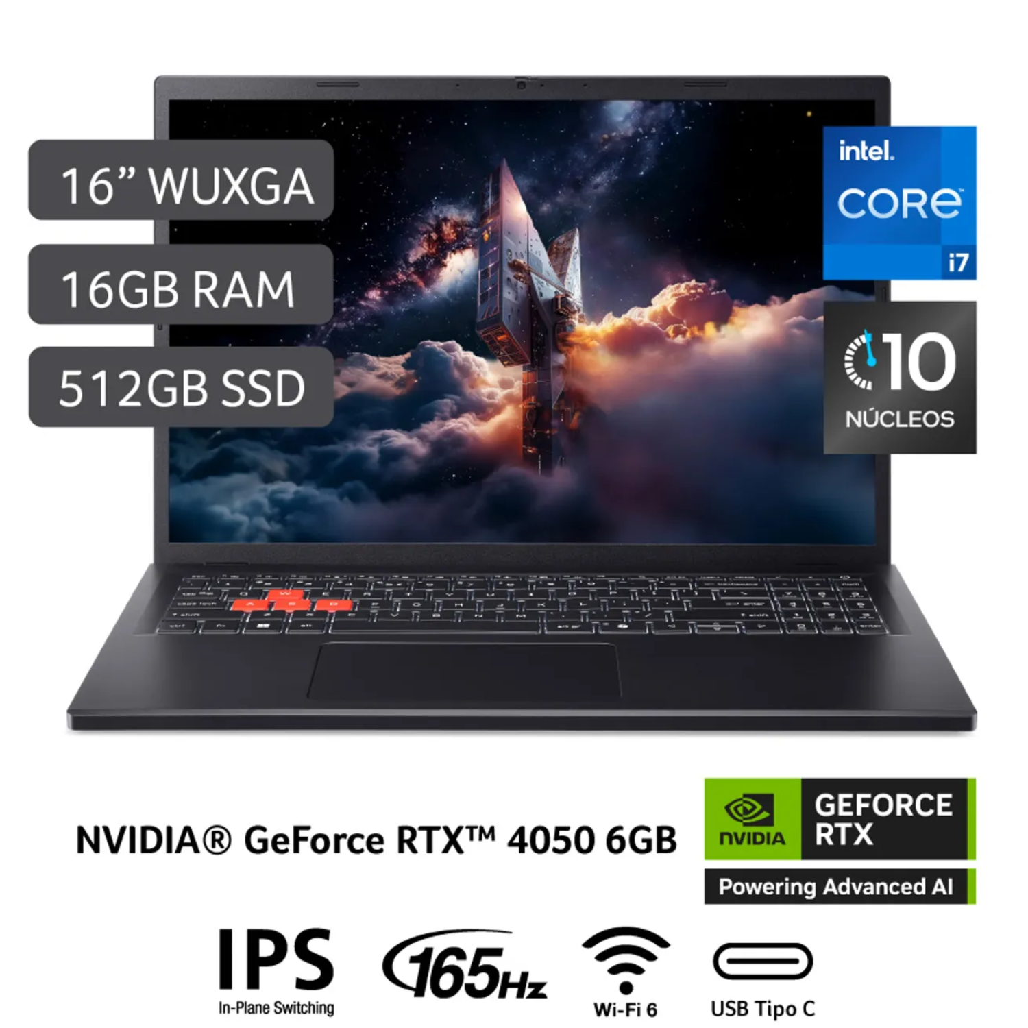 LAPTOP ACER NITRO LITE NL16-71G-75KS INTEL CORE I7-13620H RAM 16GB DISCO SÓLIDO 512GB SSD NVIDIA GEFORCE RTX4050-6GB 16" WUXGA SHALE BLACK WIN 11