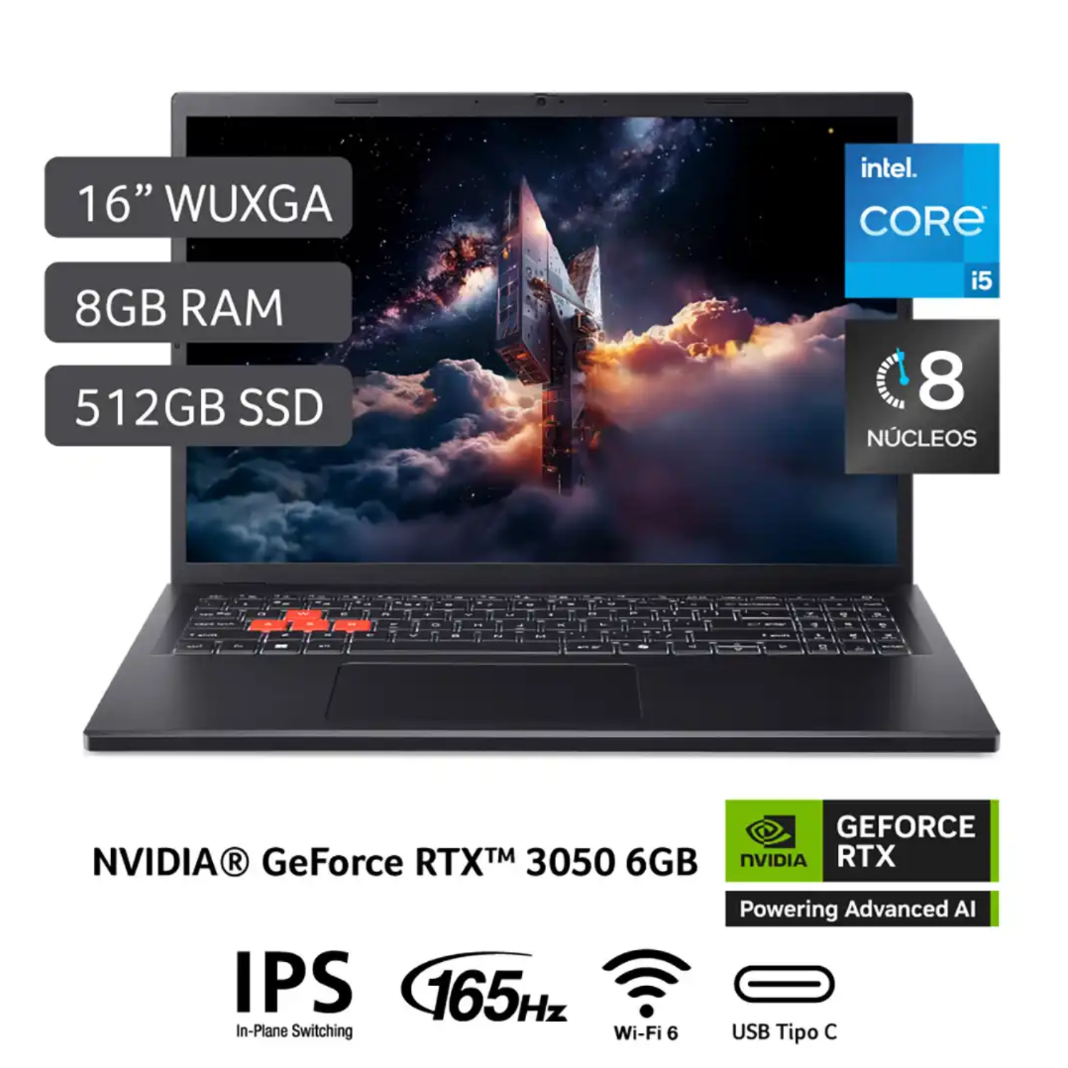 LAPTOP ACER NITRO LITE GAMING NL16-71G-52K7 INTEL CORE I5-13420H RAM 8GB DISCO SÓLIDO 512GB SSD NVIDIA GEFORCE RTX3050-6GB 16" WUXGA SHALE BLACK WIN 11