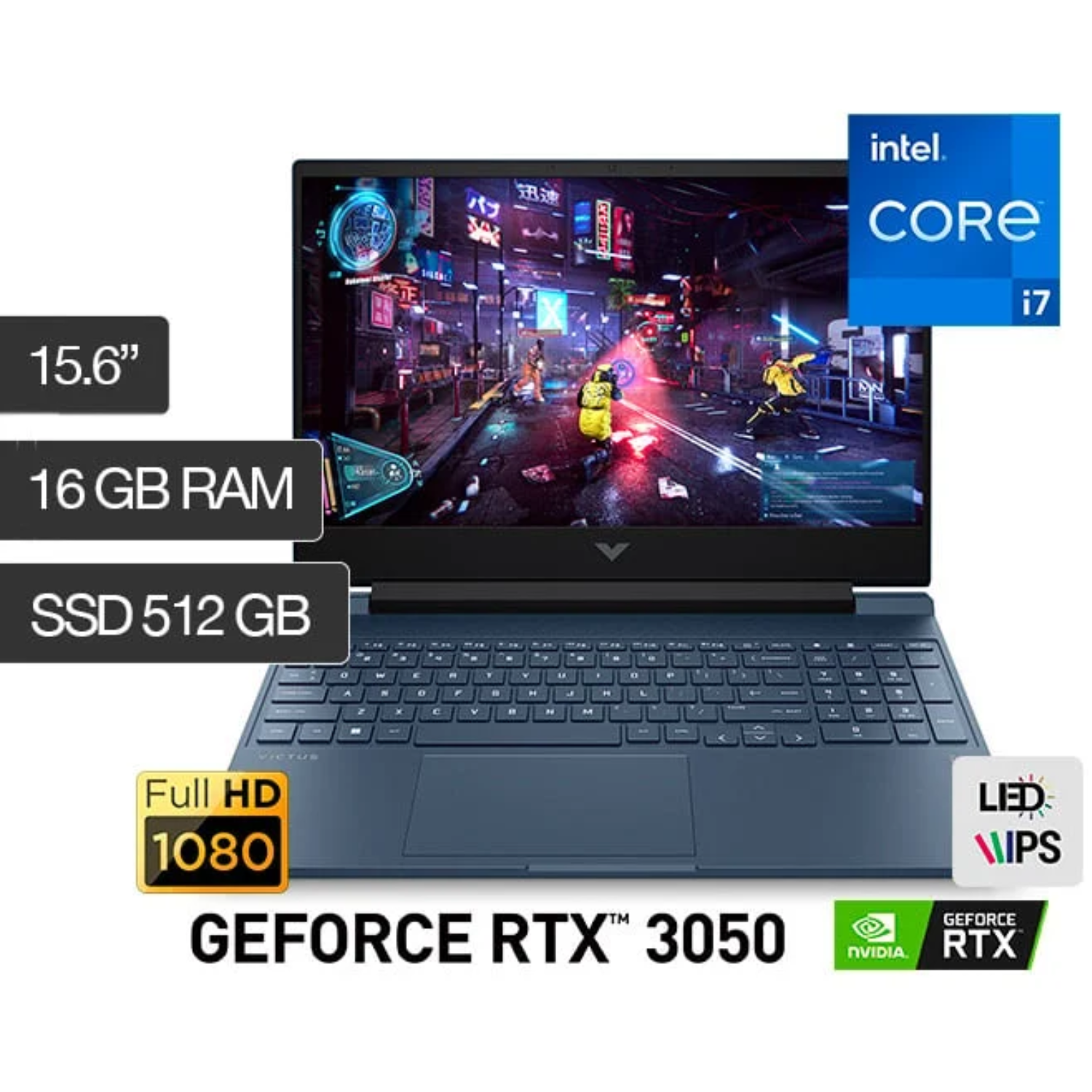 LAPTOP HP VICTUS 15-FA0007LA INTEL CORE I7-12650H RAM 16GB DISCO SÓLIDO 512GB SSD NVIDIA GEFORCE RTX3050-4GB 15.6" FHD AZUL INTENSO WIN 11