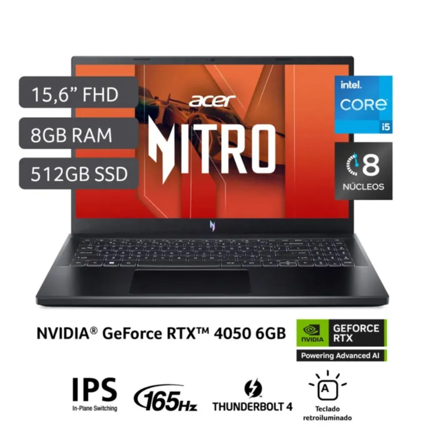 LAPTOP ACER NITRO V15 GAMING ANV15-51-54W8 INTEL CORE I5-13420H RAM 8GB DISCO SÓLIDO 512GB SSD NVIDIA GEFORCE RTX4050-6GB 15.6" FHD OBSIDIAN BLACK WIN 11