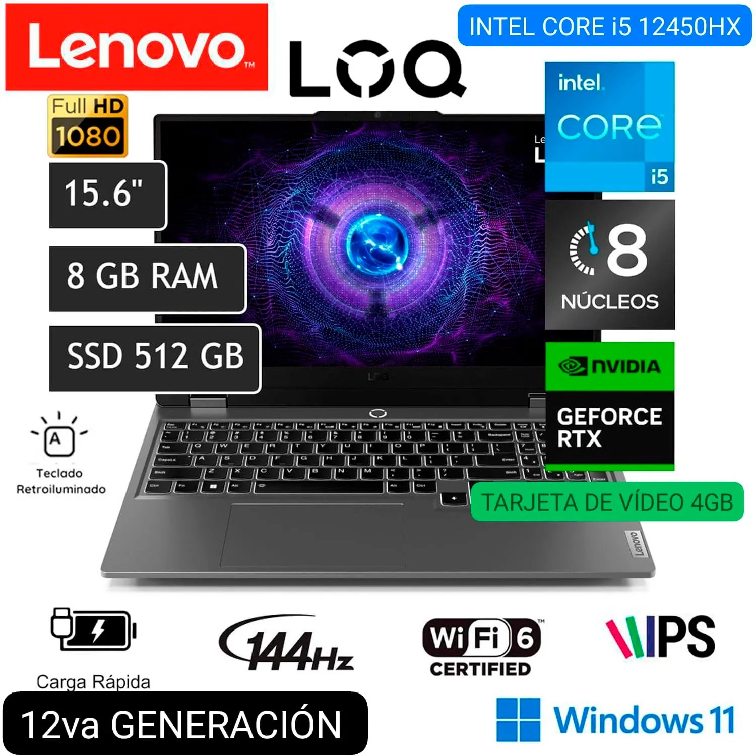 LAPTOP LENOVO LOQ 15IAX9(83GS000BLM) INTEL CORE I5-12450HX RAM 8GB DISCO SÓLIDO 512GB SSD NVIDIA GEFORCE RTX3050-6GB 15.6" FHD-144HZ LUNA GREY WIN 11