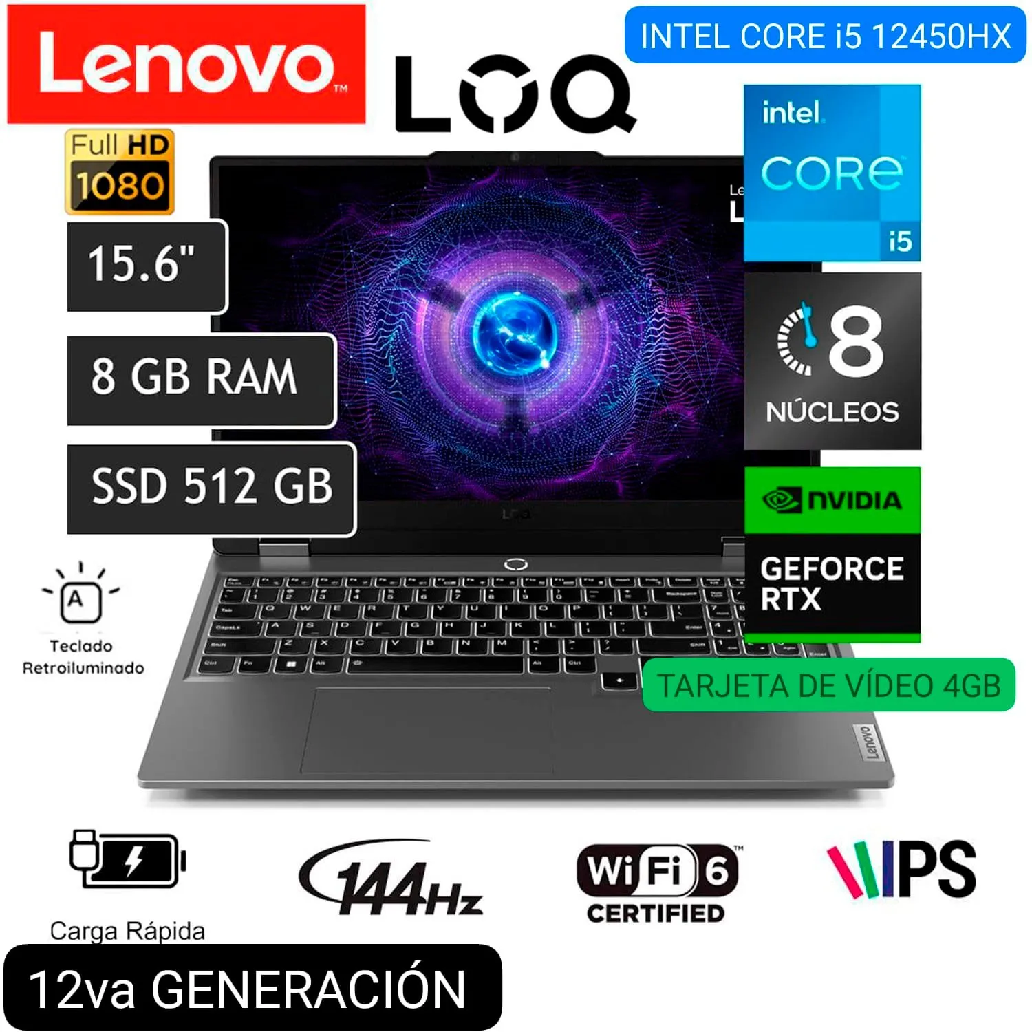 LAPTOP LENOVO LOQ 15IAX9(83GS006WLM) INTEL CORE I5-12450HX RAM 8GB DISCO SÓLIDO 512GB SSD NVIDIA GEFORCE RTX3050-6GB 15.6" FHD-144HZ LUNA GREY FREE DOS